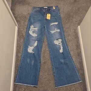 Vibrant Flare Distressed High Waisted Blue Jeans